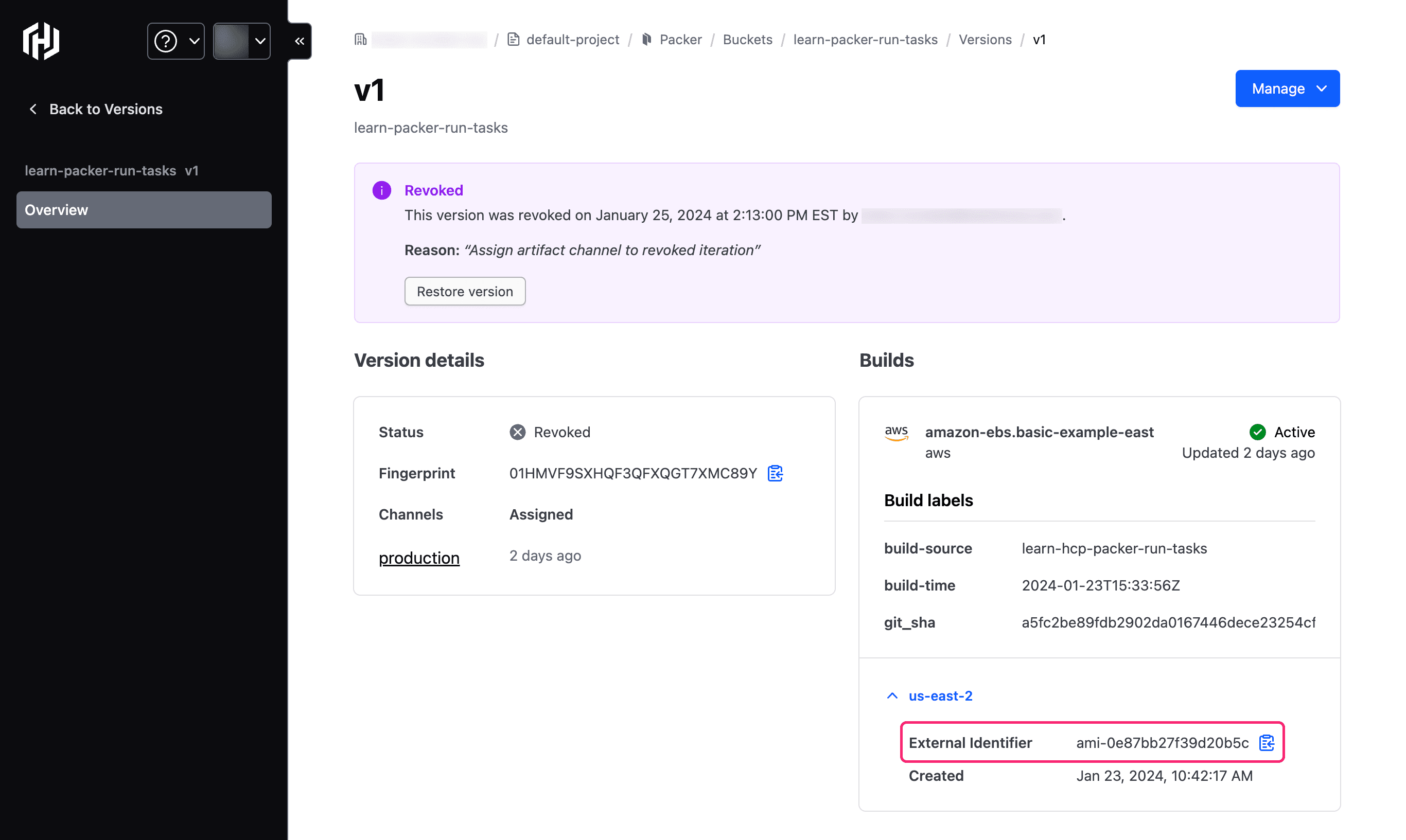 Get revoked version's AMI ID from the HCP Packer dashboard